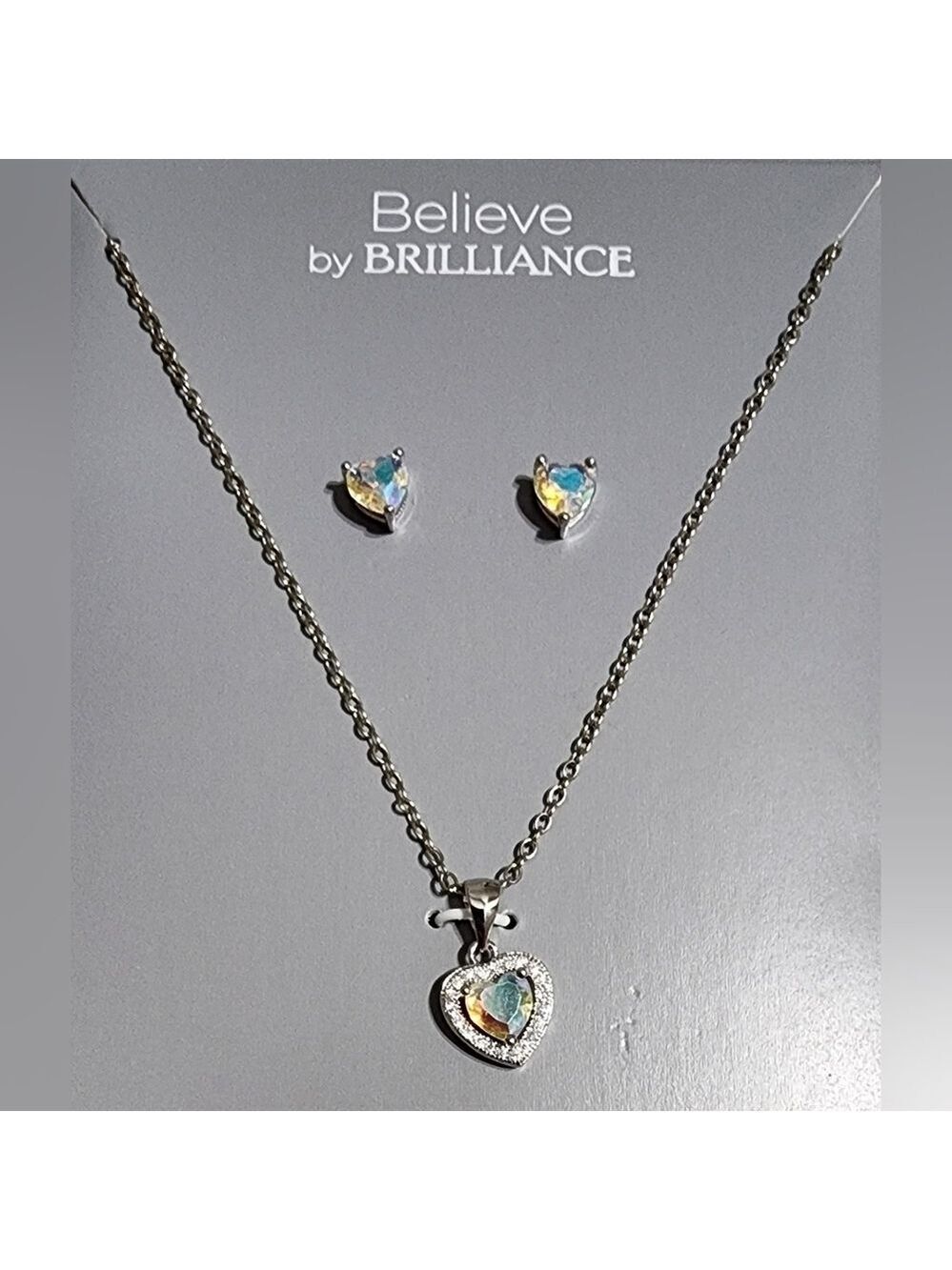 Believe by Brilliance Fine Silver Plated Crystal Heart Earring and Pendant - New